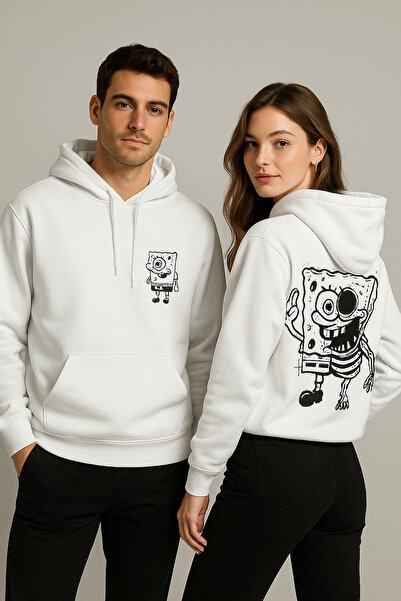 Lumos Home سويت شيرت أبيض للجنسين بغطاء رأس سبونج بوب مطبوع قصة فضفاضة