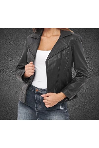 EVASİM Genuine Lambskin Leather Women's Coat (Black)