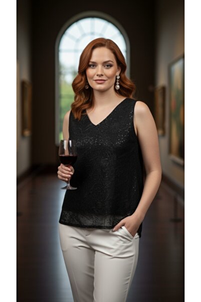 FAZZA FABRİKA Siyah Önü Payet Arkası Şifon Detay Bluz