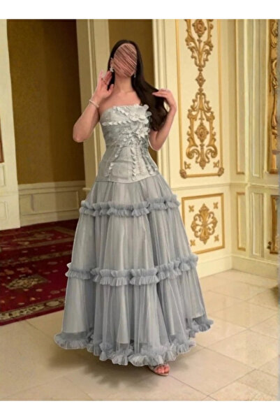 TREN فستان سهرة طويل ميكادو بتطريز ورد ليزر وكريستال