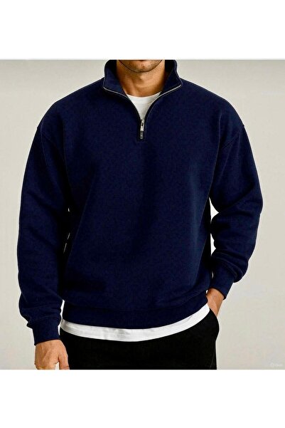 SELENA BUTİK Φούτερ Unisex με γιακά με φερμουάρ Navy Blue