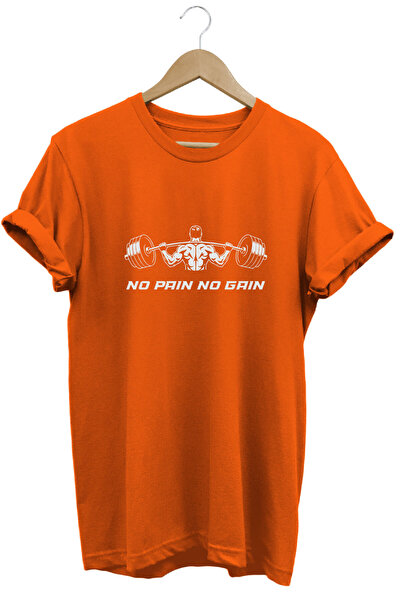 onsrawear Tricou portocaliu, 100% bumbac, cu imprimeu No Pain No Gain Fitness...