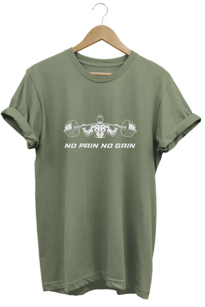 onsrawear No Pain No Gain Fitness Dumbell Printed Basic 100% Cotton Khaki T-S...