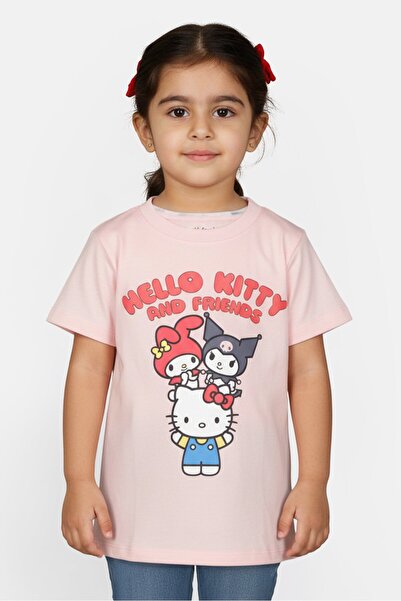 Disney تي شيرت مطبوع عليه صورة شخصية هالو كيتي وأصدقائها للبنات الصغار، باللون الوردي