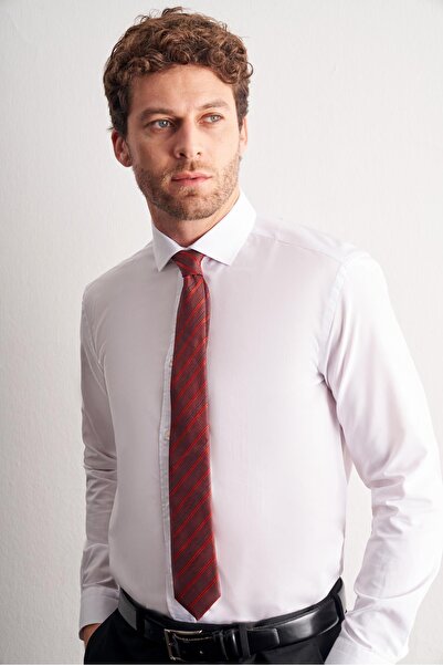 İmza Λευκό μακρυμάνικο πουκάμισο με μισό ιταλικό γιακά, εύκολο στο σιδέρωμα, βαμβακερό πουκάμισο με λεπτή εφαρμογή 1004255301