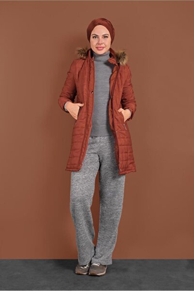 TRENDTESETTÜR Women's Brown (Tile) Front Buttoned Ka Hooded Knitted Coat 3030