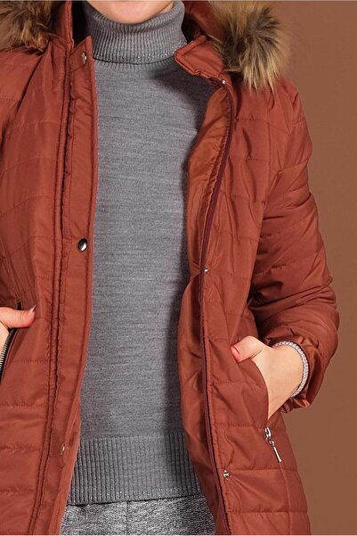 TRENDTESETTÜR Women's Brown (Tile) Front Buttoned Ka Hooded Knitted Coat 3030