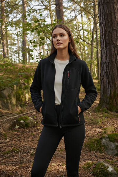 Kozik Jachetă neagră pentru femei, cu mânecă lungă, cu fermoar, cu mânecă lungă