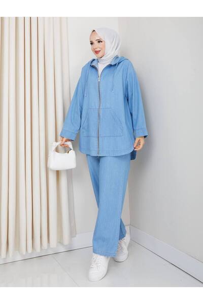 ModaMerve Διπλό σετ με λεπτομέρεια με κουκούλα 21119MPR1163-MS Ανοιχτό τζιν