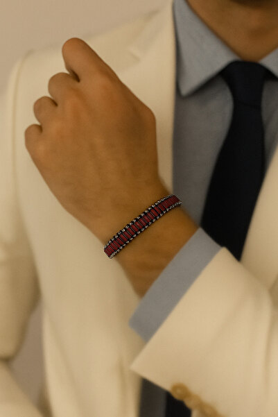 Herşey Nota Bordo Gerçek Deri Erkek Bileklik | Siyah İp Örgü Detaylı, Mıknatı...