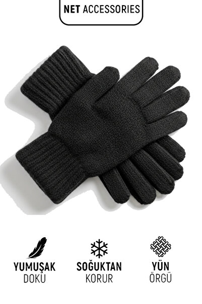 Net Tekstil Black Men's Winter Knitted Wool Gloves Thick Knitwear