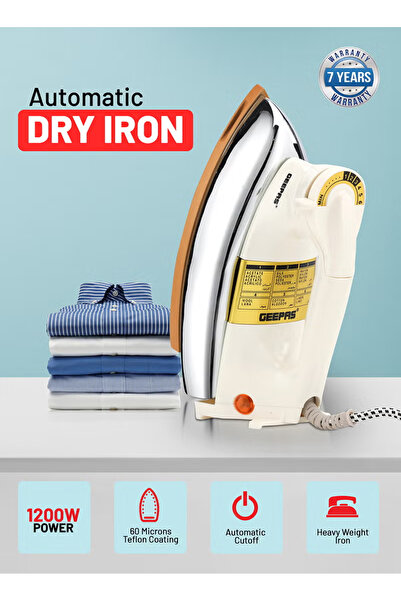 Geepas Heavy Weight Dry Iron with Overheat Protection | Golden Ceramic Soleplate | 1200 W GDI23011