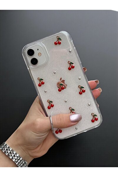KVK PRİVACY Apple iPhone 11 Compatible Epoxy Cherry Pattern Transparent Case Glitter Anti-Shock Cover