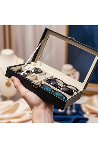 ISO TRADE Cutie pentru depozitare 6 ceasuri si 3 ochelari, piele ecologica, p...