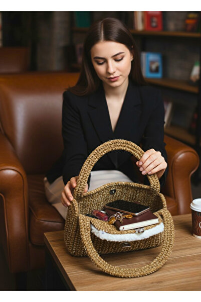 HomeTurko Дамска ръчна чанта от юта с модерен дизайн, закопчалка и аксесоари Bomeh