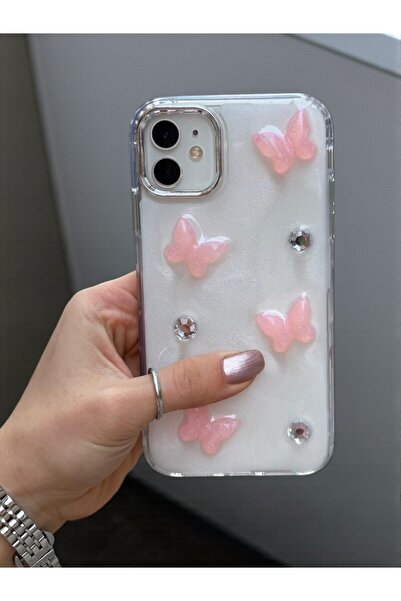 KVK PRİVACY Apple iPhone 11 Uyumlu Pembe Kelebek Desenli Şeffaf Kılıf Simli D...