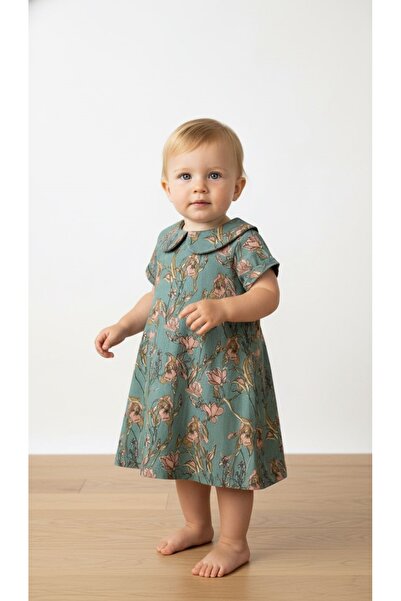 Milk & Muffin BEBE YAKA YEŞİL ZEMİN ÇİÇEK DESENLİ KIZ BEBEK DOKUMA ELBİSE