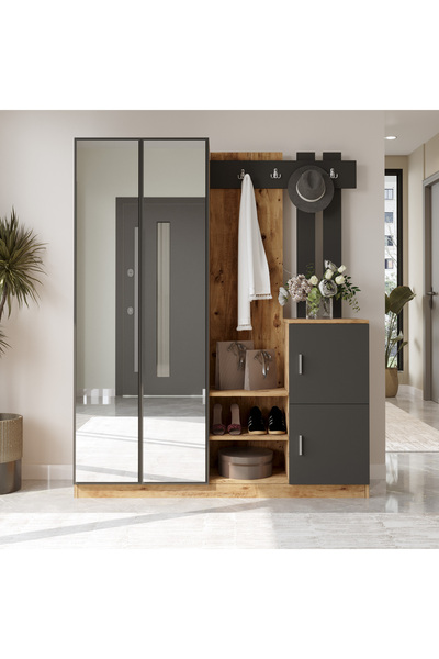 Yurupa Jade Vestiyer Aynalı Portmanto Ayakkabılık Raflı 4 Kapaklı Çam Antrasi...