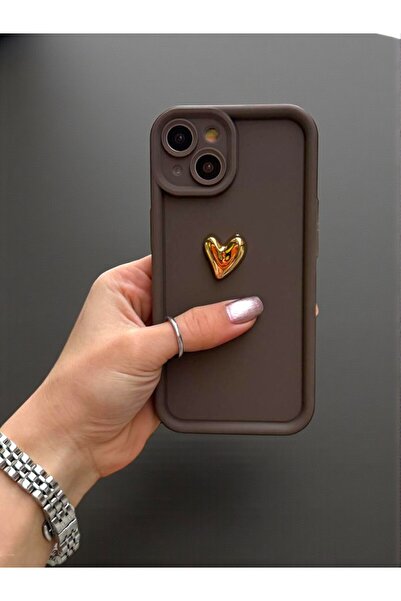 KVK PRİVACY Iphone 15 Plus Uyumlu Kılıf 3D Gold Kalp Darbelere Dayanıklı Yumu...