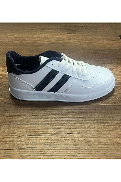 Nstil Daily Unisex White Navy Blue Sports Shoes Lace-Up Stitching Detail Lightweight Thick High Sole Sneaker 4005