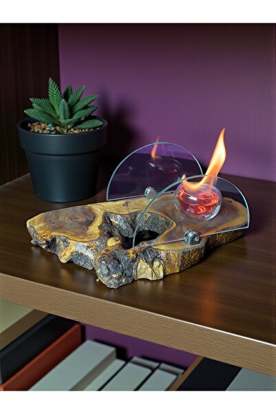 Home Zeytin Ağacı Dekoratif Şeffaf Camlı Büyük Boy Dumansız Masa Üstü Şömine