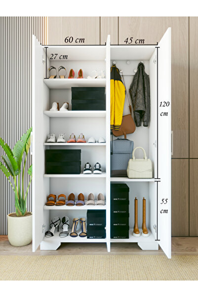 MONTENERO Portmanto Parlak Beyaz Ayakkabılık Vestiyer 3 Kapaklı Krom Kulp