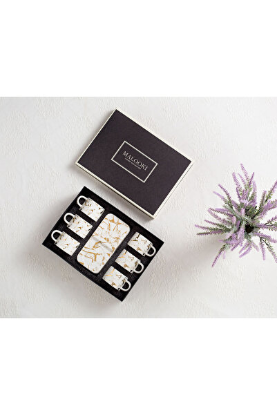 Malooki Set 6 căni de cafea, Malooki, porțelan, 90 ml, cu farfurioare, alb/auriu
