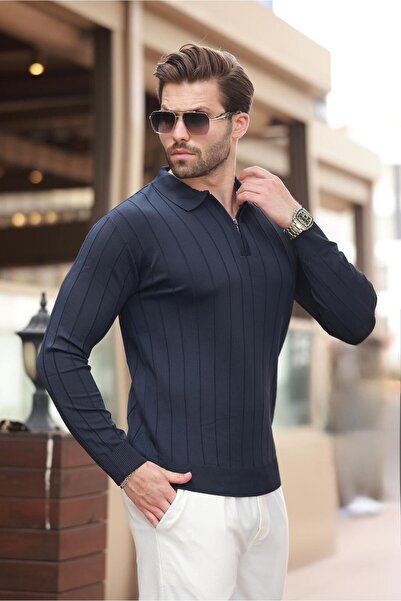 Madmext Темно-синій светр з коміром-поло Orme на блискавці Деталь 7242