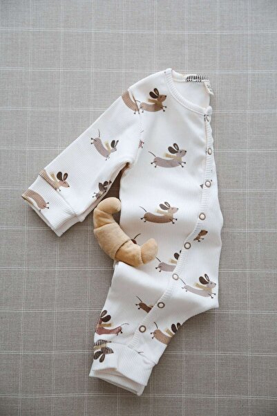 DoDo'S Baby Happy Puppy Patterned Organic Ribbed Knit Baby Rompers