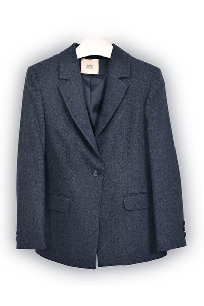 the blazer obsessed Women's Navy Blue Herringbone Wool Wide Collar Blazer Jacket