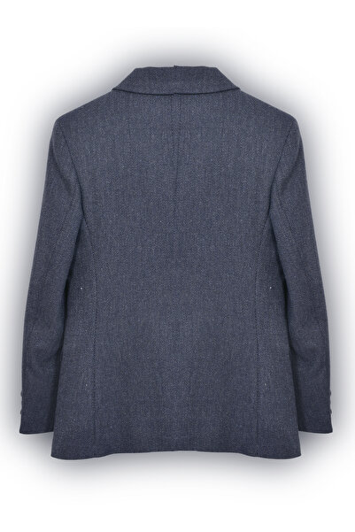 the blazer obsessed Women's Navy Blue Herringbone Wool Wide Collar Blazer Jacket