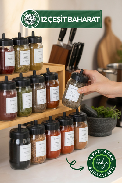 gaziantepli bereket ana baklava & yöresel 12 Pieces 100 Gr. Spice Set (12 Pieces Glass Spice Jar Gift)