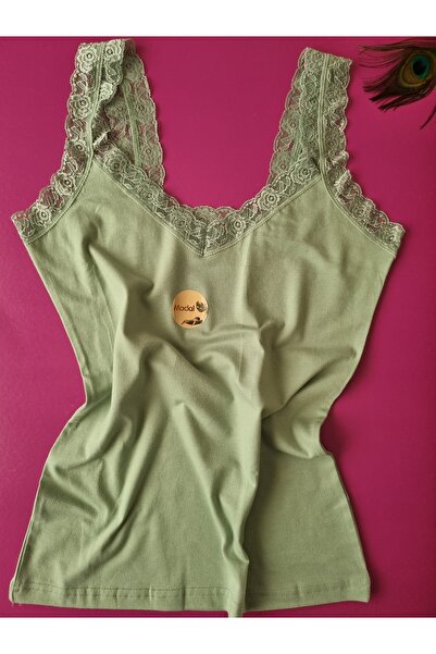 Demirsa Boutique Lace Detailed Modal Fabric Strap Green and Powder 2-Piece Women's Tank Top