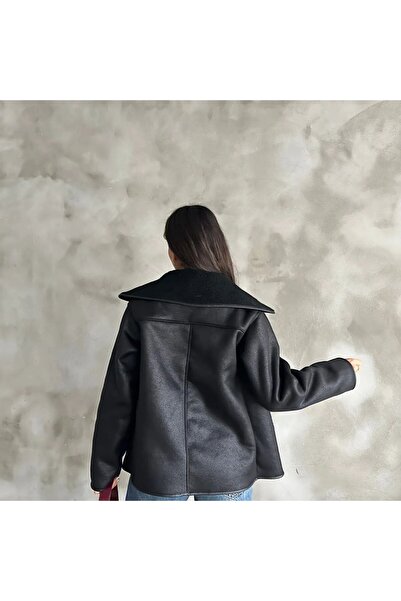 Viskosa Oversized Suede Fur Collar Stylish Jacket