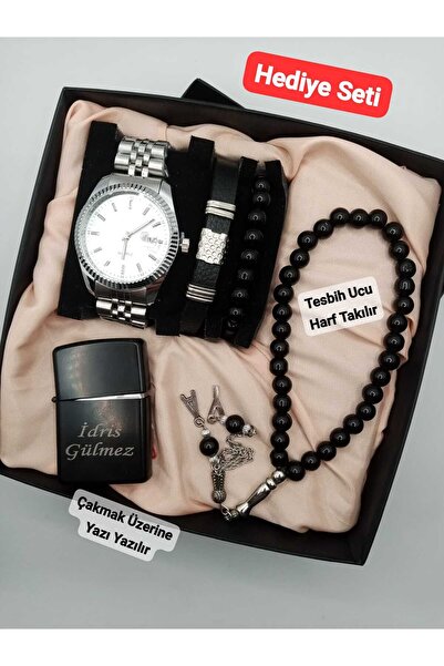 Brality Özel Kutulu Hediyelik Çakmaklı Erkek Kombin Saat Seti ( 5 Parça'lı Ak...