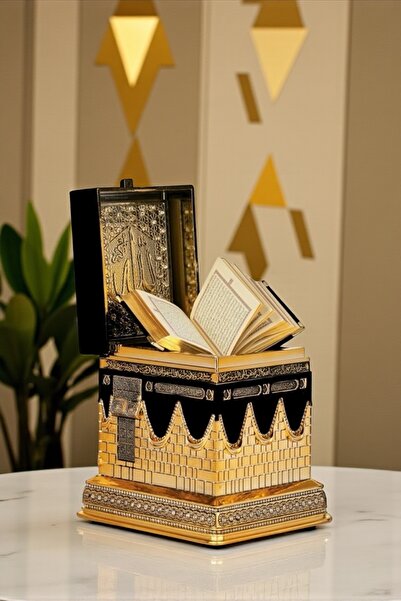 Güncel Vitrin Zirkon Taşlı Gold Kuran Hediyeli Kabe Kuran Kabı Dekoratif Bibl...