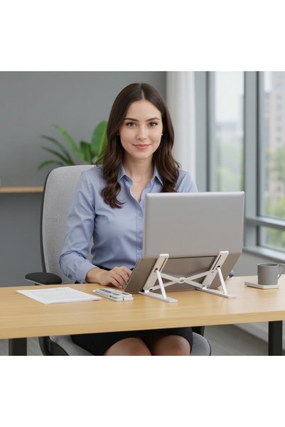 ISO TRADE Suport ergonomic din aluminiu pentru laptop ajustabil pe 6 nivele, antiderapant, capacitate 20 kg
