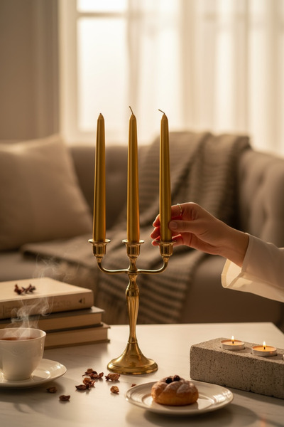 a&p Metalik renk Sedefli Gold dekoratif Şamdan mum 3 adet (25x2.2cm)