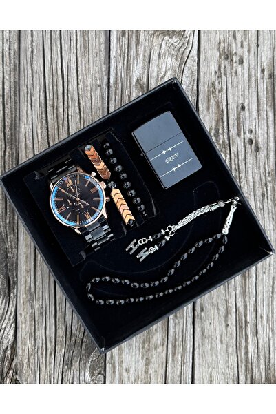 DEEPWELL Siyah Renk Erkek Kol Saati Tespih Bileklik Ve Çakmak Seti Rn29