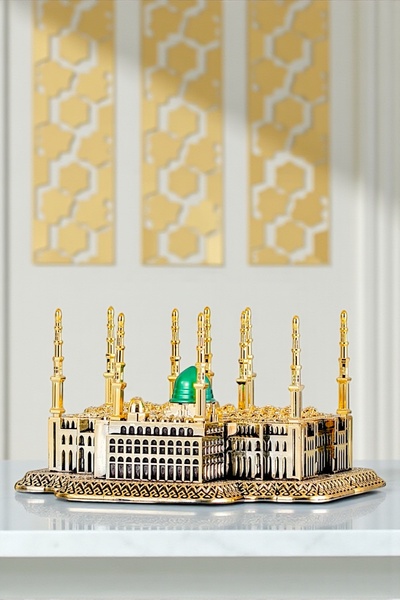 Güncel Vitrin Zirkon Taşlı Altın Mescid-i Nebevi Camii Dekor Biblo 25*14 cm