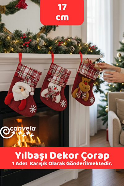 CANVELA Yılbaşı Dekor Çorap 17 Cm Şömine Süsü Christmas Çam Ağacı Süsü Noel Baba Kardan Adam Asma Dekor Süs