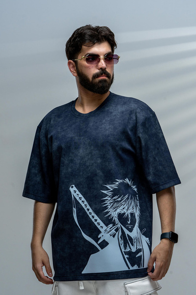 saneafn Navy blue T-shirt with Ichigo Kurosaki character design