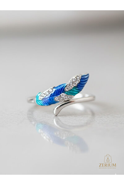 ZERİUM Mystic Feather – Silver Mavi Yeşil Taşlı Ayarlanabilir Kadın Yüzük