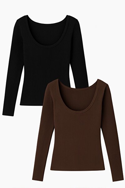 COTENCONCEPT 2 τεμάχια μπλούζα με μακρύ μανίκι και λαιμόκοψη με ραβδώσεις