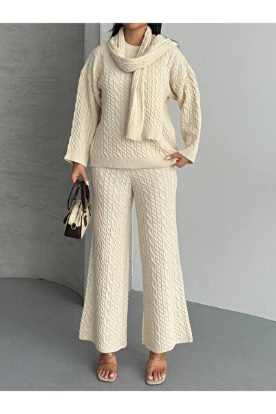 Lovely butik Women's High Waist Wide Leg Knitting Set (Sweater, Pants, Scarf/Shawl)