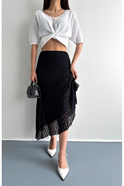 MAMAYAGA Fusta cu design midi, cu talie înaltă, cu dantelă elastică, cu dantelă, cu tăietură asimetrică