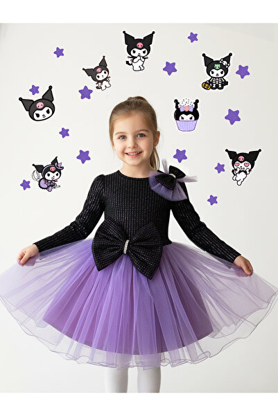 BerrinceTasarım Siyah Kadife Parıltılı Tül Etekli Uzun Kollu Kurdele Süslü Kı...