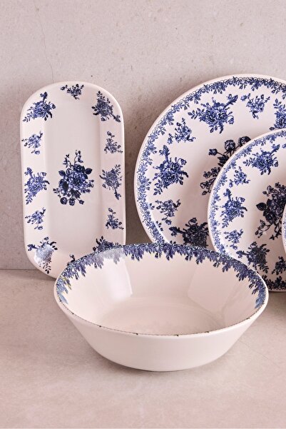 Perotti Antik Mavi 27 Parça 6 Kişilik Seramik Yemek Takımı Vintage Mavi Çiçekli Yuvarlak Servis Seti