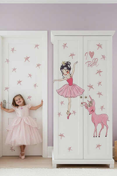 KT Decor Pink Ballerina and 70 Pieces Star Wall Sticker Set for Girl's Room