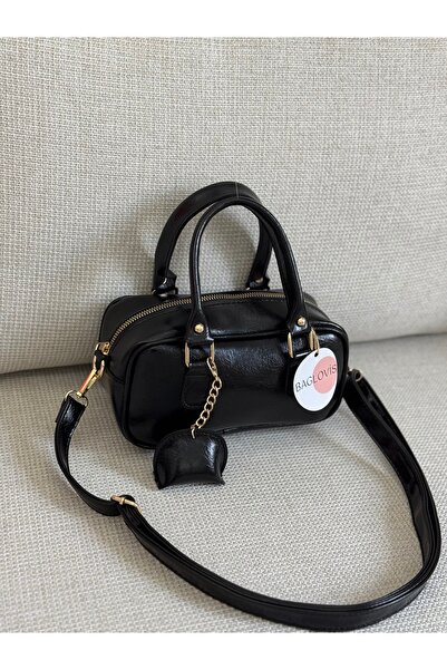 BAGLOVİS Small Black Women's Shoulder Bag with Tiny Leather Charm Detail